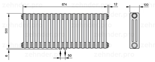 Схема (чертеж) Радиатор Zehnder Charleston 3050/19 №3470 Белый глянцевый RAL 9016
